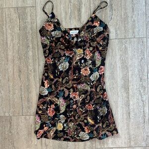 Black multicolor print mini silk dress